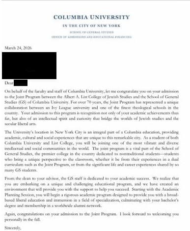 Columbia acceptance