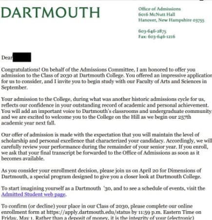 Dartmouth acceptance